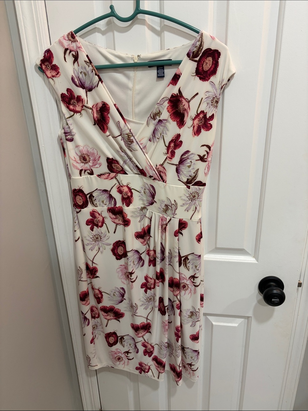 Chaps Cream Midi Dress with Burgundy Floral Print